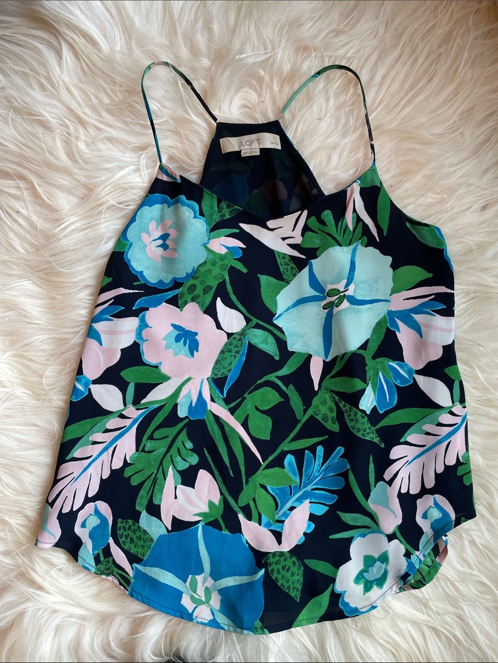 LOFT Navy Floral Spaghetti-Strap Cami with Green & Pink Accents